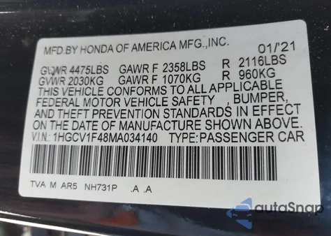 2021 Honda Accord Sport Special Edition from USA, damaged, VIN 1HGCV1F48MA034140